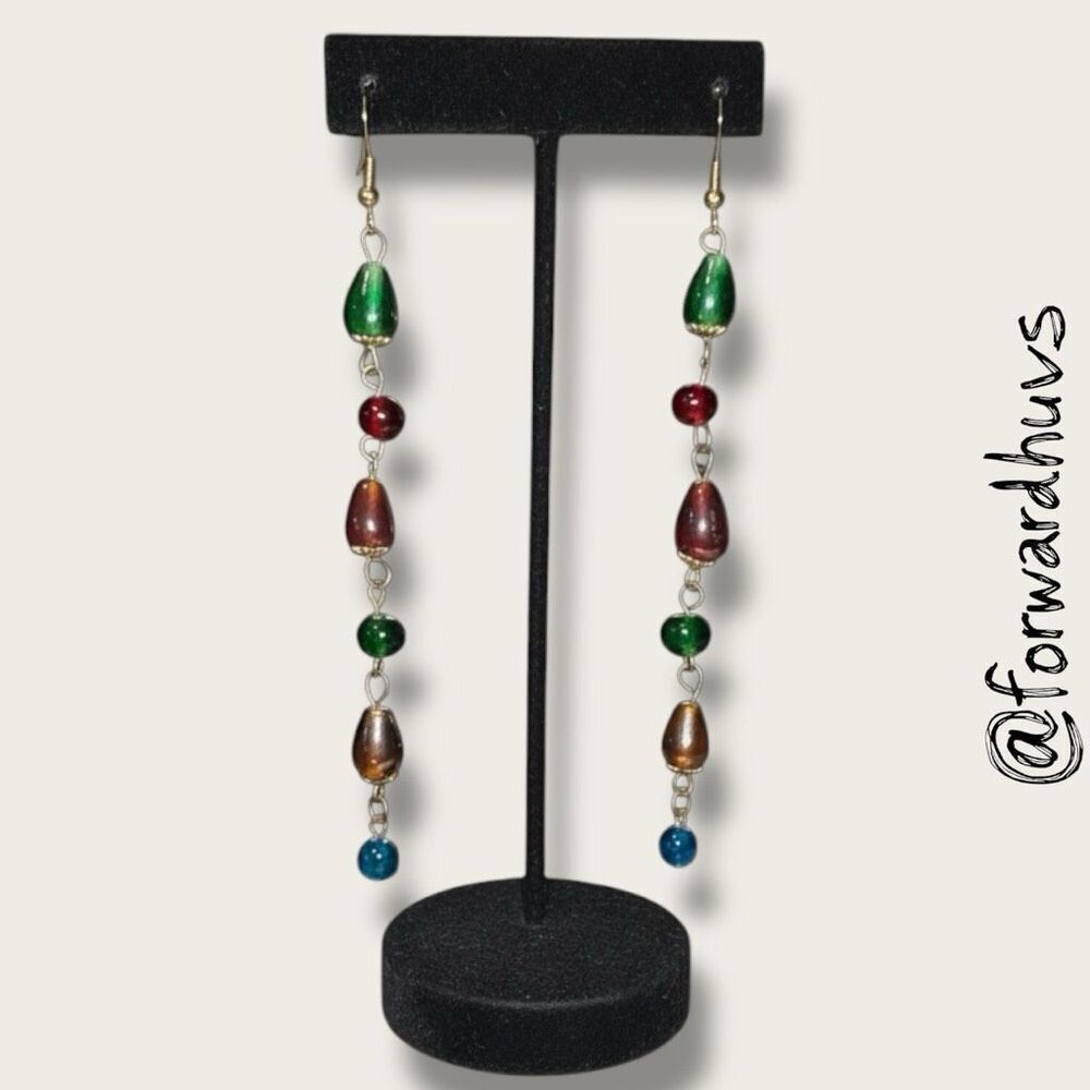 Handmade Long Glass Bead Earrings – Irregular Shape, Artisan Dangle, Boho Style